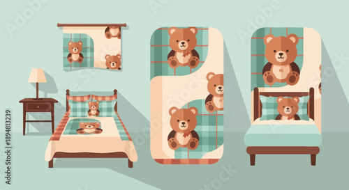 A room interior with beds, a nightstand, and teddy bear decor