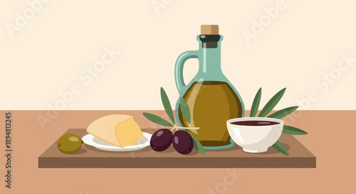 A still life composition featuring olive oil, olives, cheese, and a dip