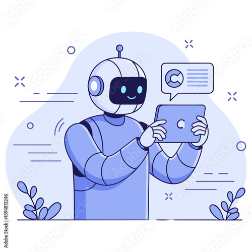 Smiling robot interacting with digital tablet in futuristic blue environment