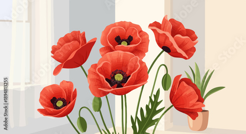 A still life painting of vibrant red poppies in a vase near a window