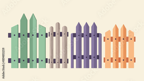 A row of simple, colorful picket fences against a plain background