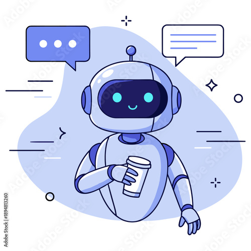 Friendly robot holding coffee with chat bubbles and symbols