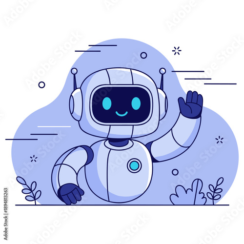 Cheerful cartoon robot waving amidst scenic nature background