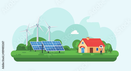 A rural scene with a house, solar panels, and wind turbines generating clean energy