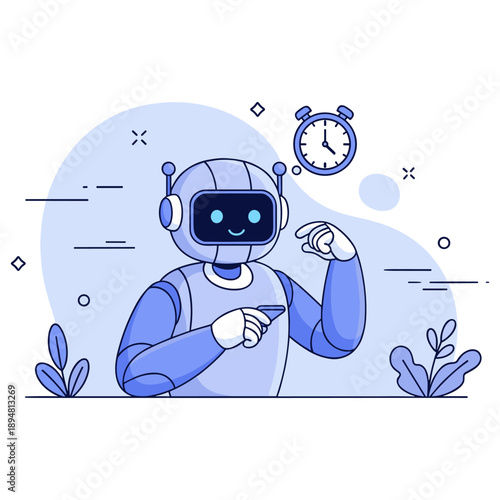 Smiling robot with timer clock in futuristic cartoon style