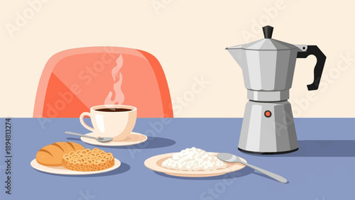 A still life with coffee, baked goods, and a moka pot