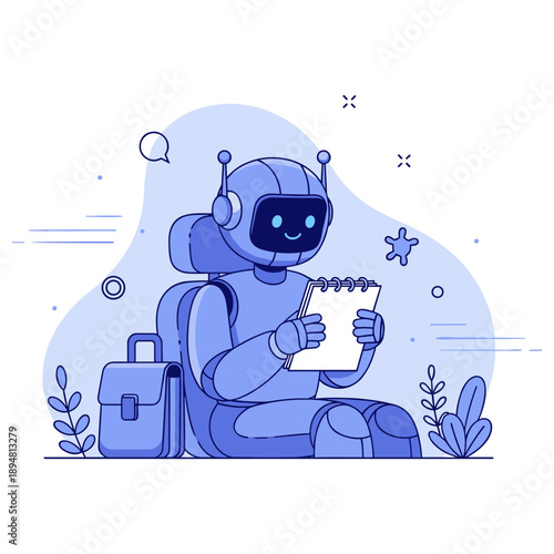 Cheerful robot drawing in notebook with backpack amidst plants