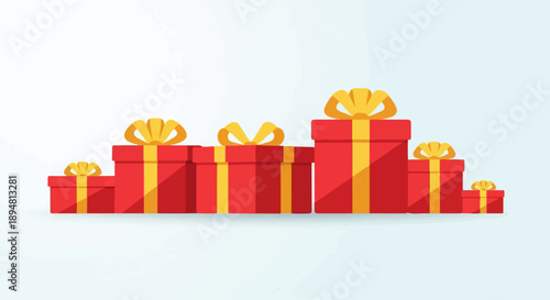 A row of wrapped red gifts with yellow ribbons