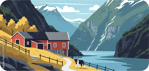 A rustic red barn sits on a golden hill beside a calm blue lake and mountains