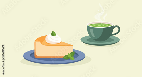 A slice of cheesecake with whipped cream and mint, and a cup of steaming green tea