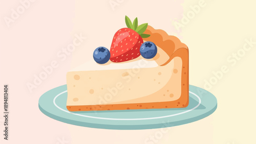 A slice of creamy cheesecake with strawberry and blueberries on a plate