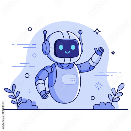 Cute cartoon robot smiling and waving in a blue floral background