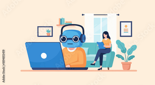 A robot with headphones works on a laptop, woman on couch reads