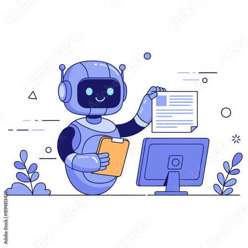 Cute blue robot reviewing documents at computer desk in modern office setting