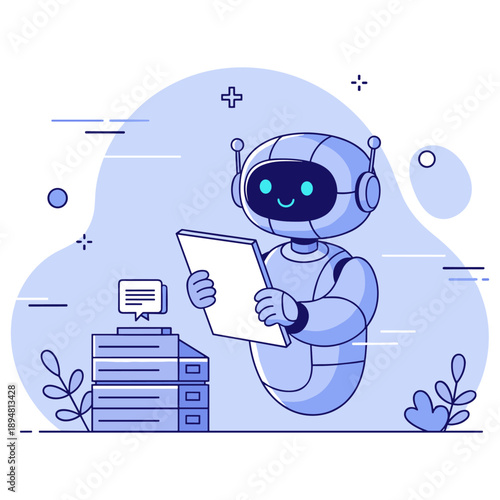 Cheerful robot with tablet and chat icon in minimalist blue background
