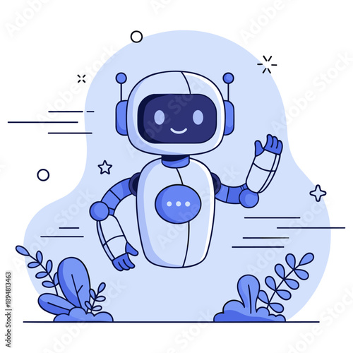 Cute blue robot character waving in cartoon style