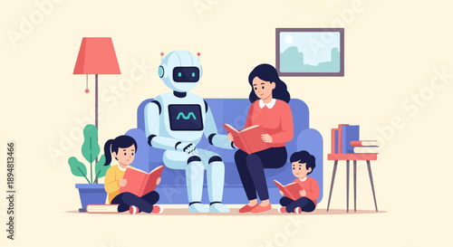 A robot and a woman read books with two children in a cozy living room