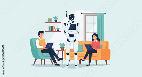 A robot observes two people working on laptops in a cozy living room