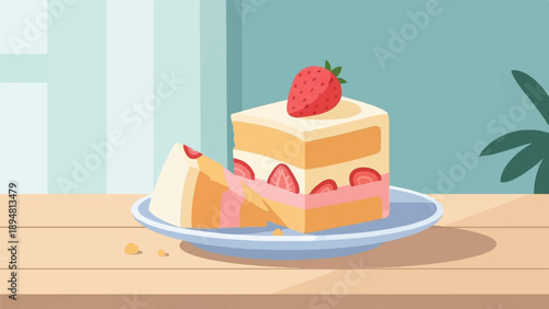 A slice of strawberry cake rests on a plate next to a larger piece