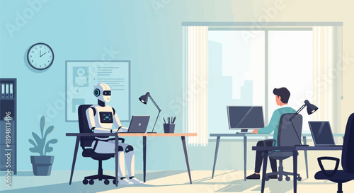 A robot and a person work at computers in a bright modern office