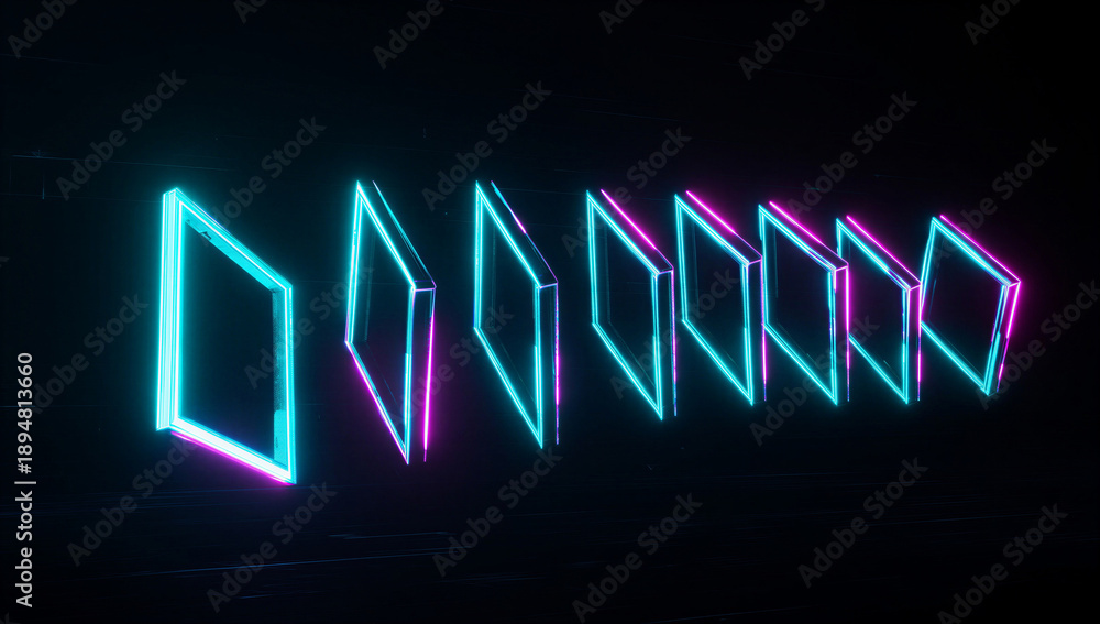 Obraz premium Neon lit rectangles in blue and pink hues on a dark background forming a digital pattern