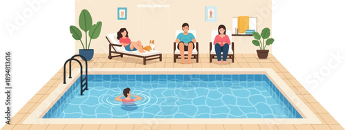 A relaxing pool scene with people, a dog, and plants