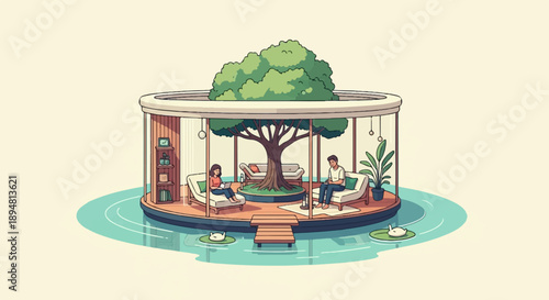 A serene circular dwelling with a tree, two people, and water