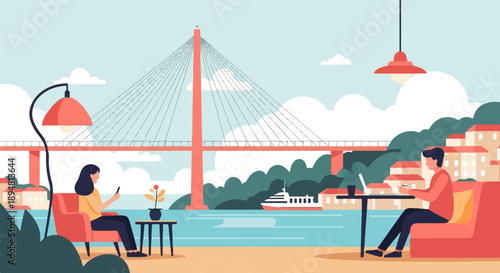 A relaxed riverside scene with a bridge, town, and two people enjoying their leisure