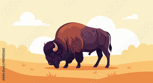 A stylized bison grazes in a minimalist landscape under a pale sky
