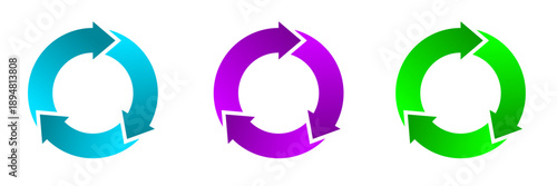 3 Cycle arrows set, vector icon collection. Circle process diagrams in blue, purple and green colors