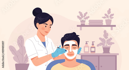 A person applies a facial mask to another person in a spa setting