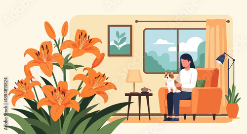 A person cuddles a dog in an armchair, with lilies and a window view