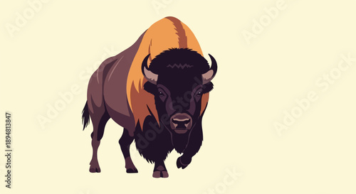 A stylized bison with prominent horns and shaggy mane on a pale yellow background