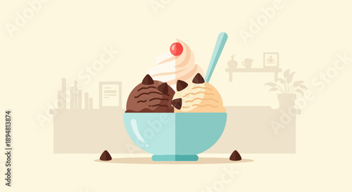 A refreshing dessert with multiple flavors of ice cream adorned with chocolate chips
