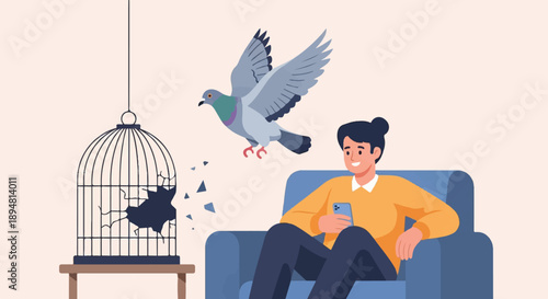A person in a chair holds a phone while a pigeon flies from a broken cage