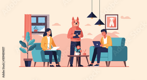 A person in a dog mask, a woman writing, and a man with a laptop converse