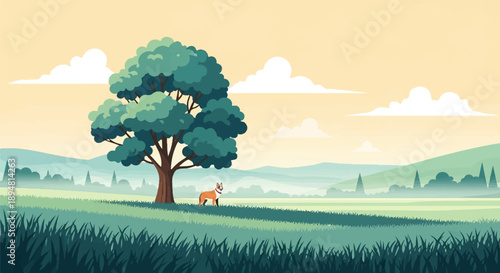 A lone dog stands by a large tree in a pixelated landscape with rolling hills