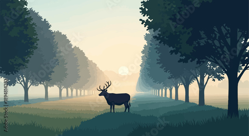 A lone deer stands in a misty forest avenue as the sun rises