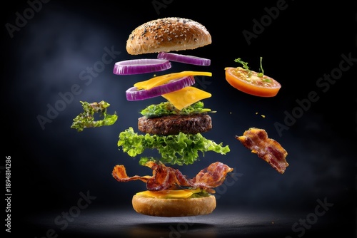 Deconstructed hamburger with floating ingredients in exploded vertical view, toasted sesame top, purple onion rings, tomato slices, cheddar cheese, crispy bacon, grilled beef patty, and lettuce