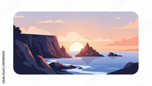 A pixelated coastal sunset with dark cliffs and serene water