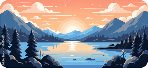 A pixel art mountain lake landscape at sunset with warm sky