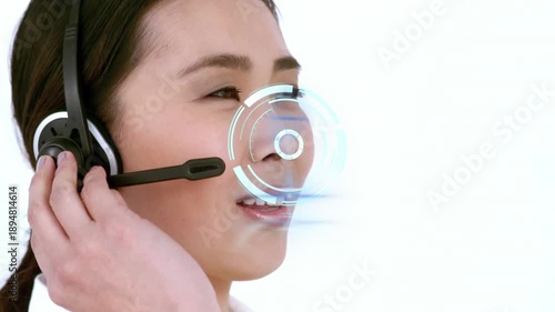 A customer service representative is seen on a call in slow motion