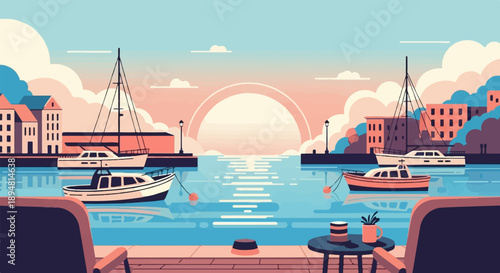 A pixel art harbor scene at sunset with boats and waterfront buildings