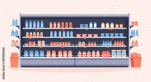 A pixel art display of a grocery store shelf stocked with bottles and jars