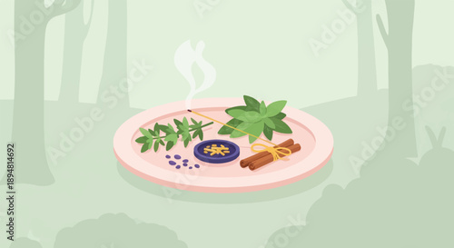 A pink plate holds herbs, incense, cinnamon sticks, and spices on a light green background