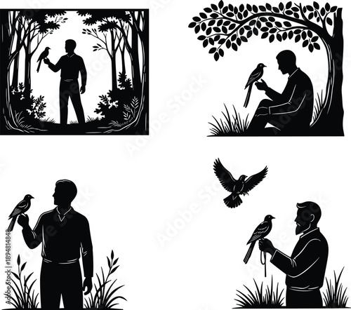 Falconry silhouette set showing man with trained bird in forest and nature scenes, black and white wildlife illustration symbolizing human animal bond