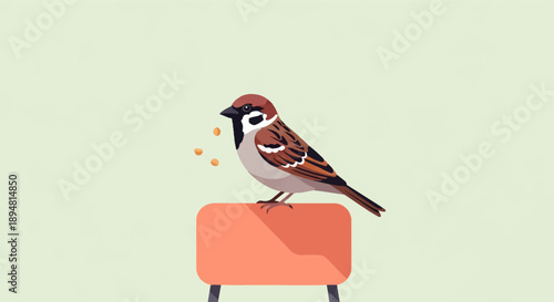 A small brown bird perches on an orange seat, looking at scattered seeds