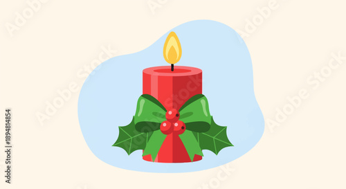 A red candle with a green bow and holly berries, lit with a yellow flame