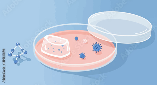 A petri dish with cell cultures and viruses, a molecule model nearby