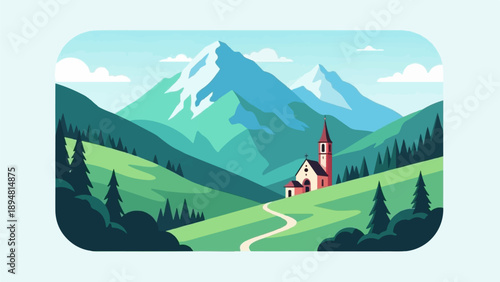 A picturesque mountain valley with a church and winding path